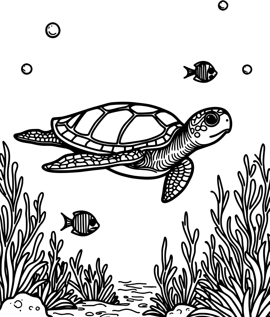 Sea turtle swimming past the seaweed — free printable animal & safari coloring page