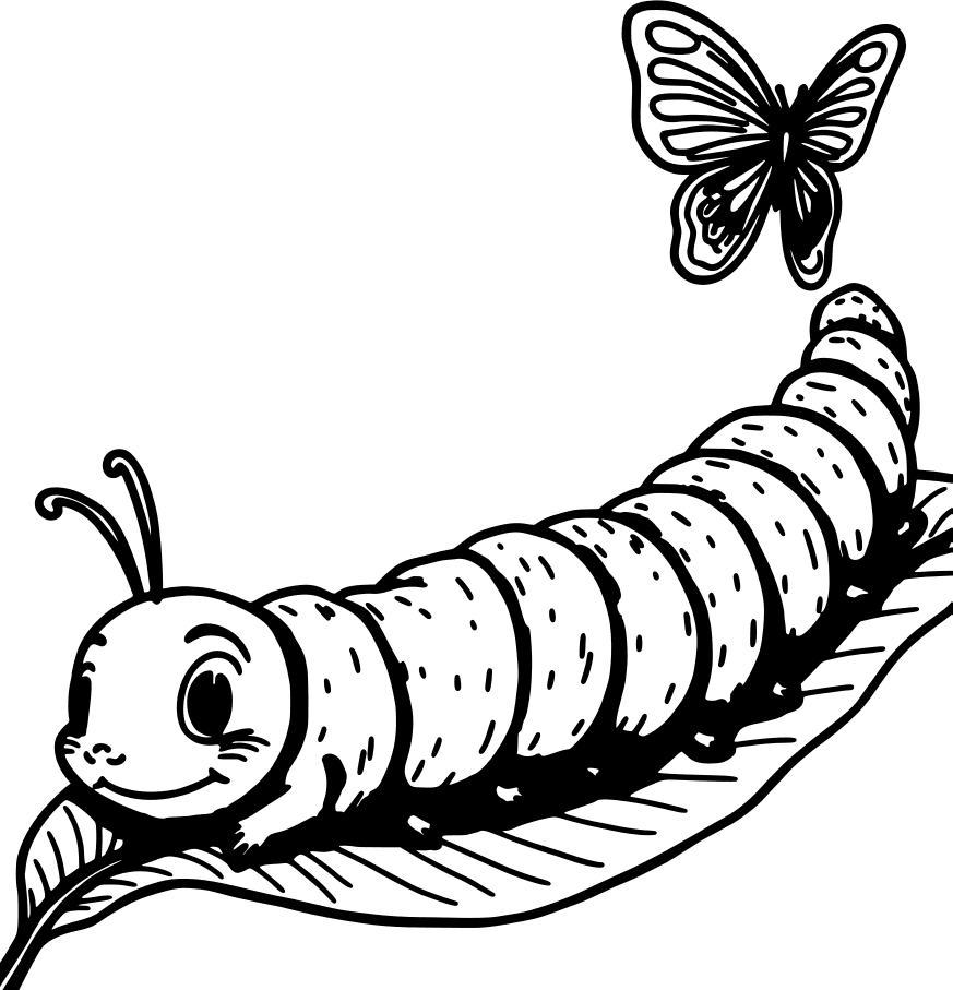 Caterpillar on a leaf, with a butterfly above — free printable butterfly coloring page