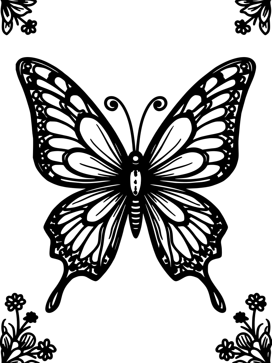 Butterfly with patterned wings and flowers in the corners — free printable butterfly coloring page