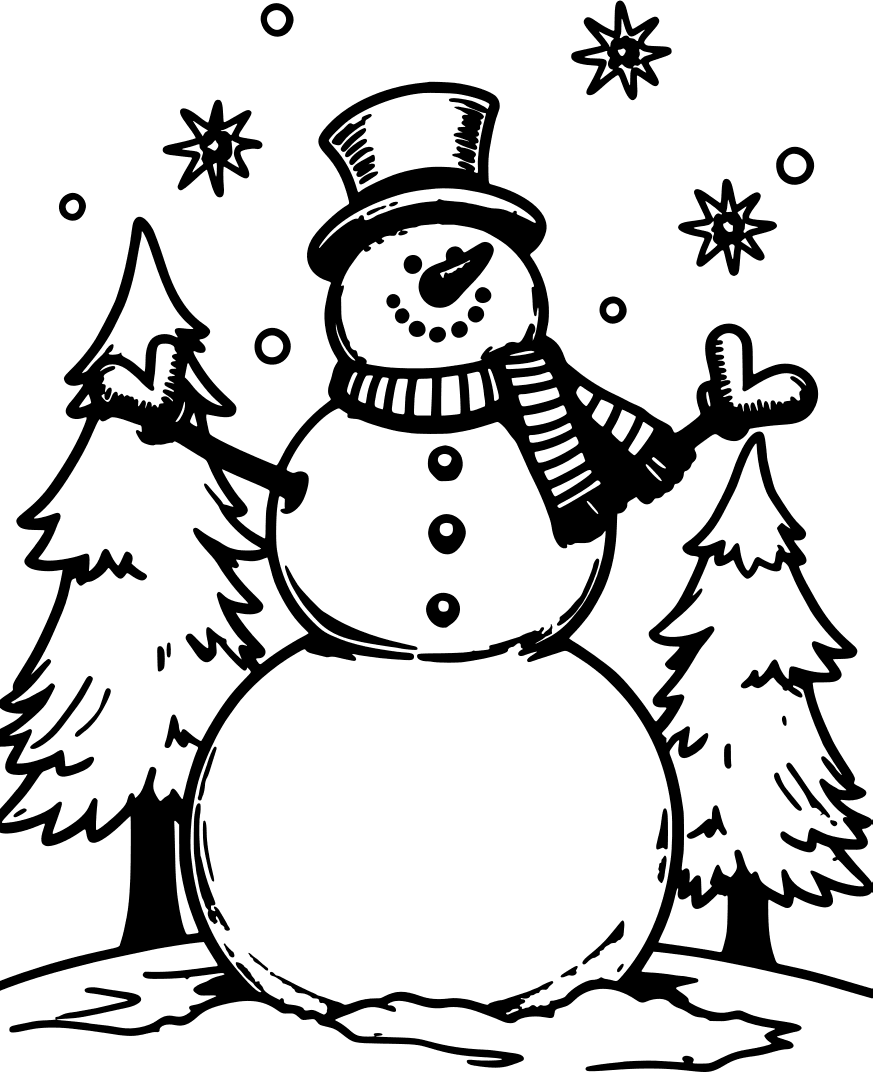 Snowman in a top hat and scarf, between two pine trees — free printable christmas coloring page