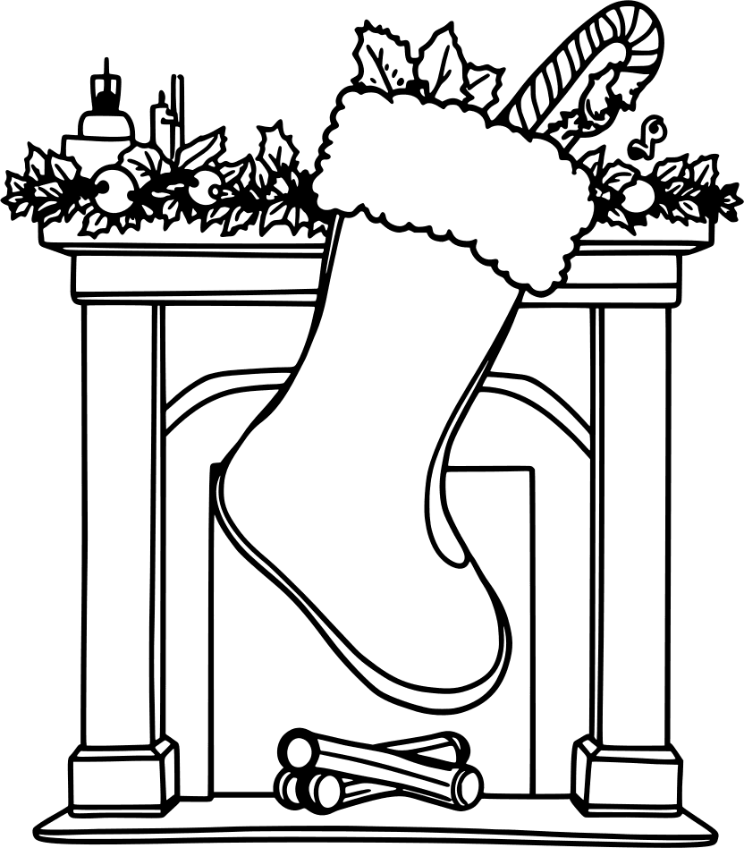 Stocking hanging over the fireplace, with a candy cane in it — free printable christmas coloring page