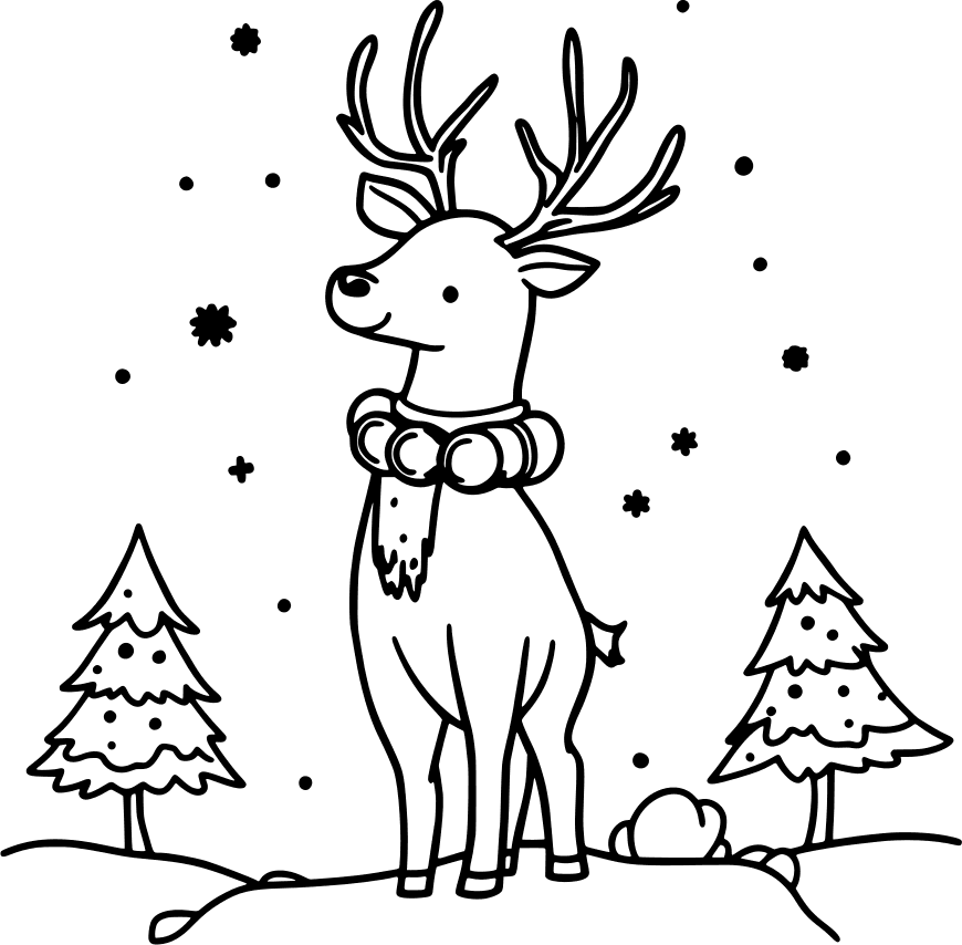 Reindeer in the falling snow, wearing a collar of bells — free printable christmas coloring page