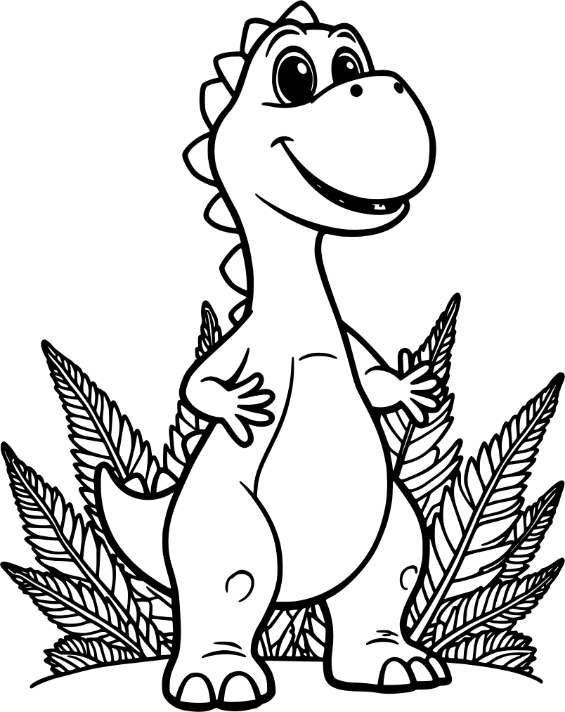Big friendly dinosaur standing in the ferns — free printable dinosaur coloring page