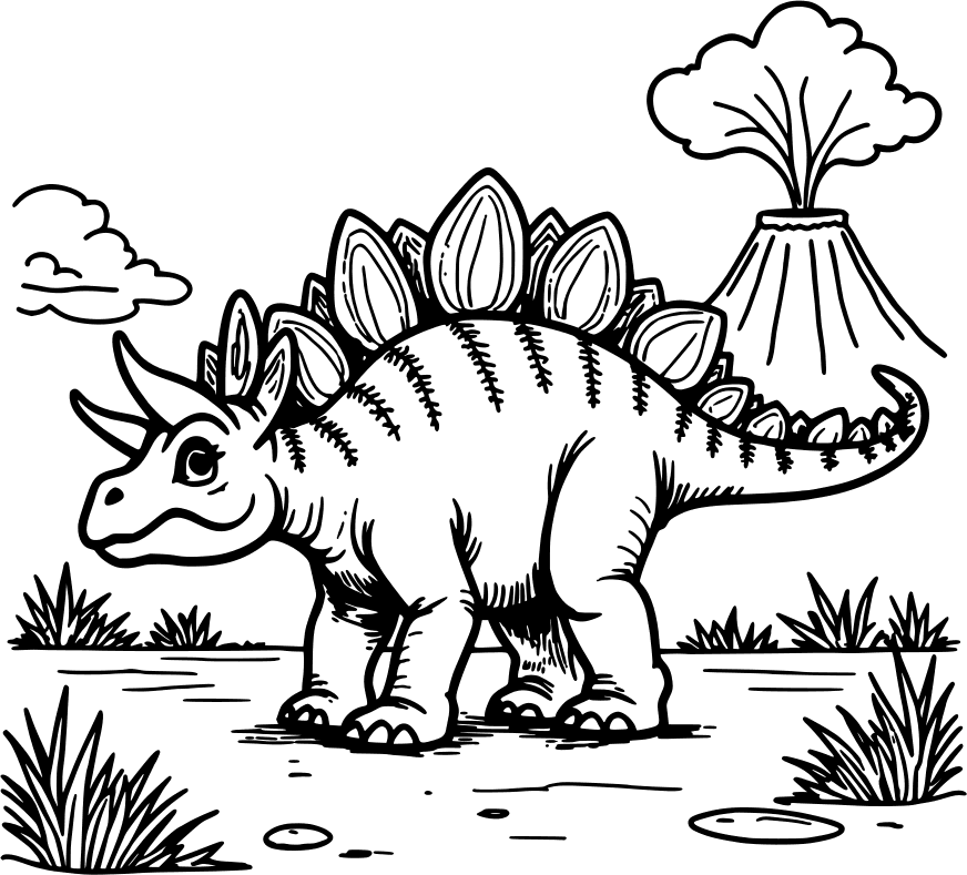Stegosaurus and triceratops by a smoking volcano — free printable dinosaur coloring page