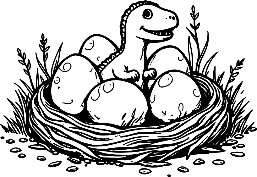 Baby dinosaur hatching in a nest of eggs — free printable dinosaur coloring page