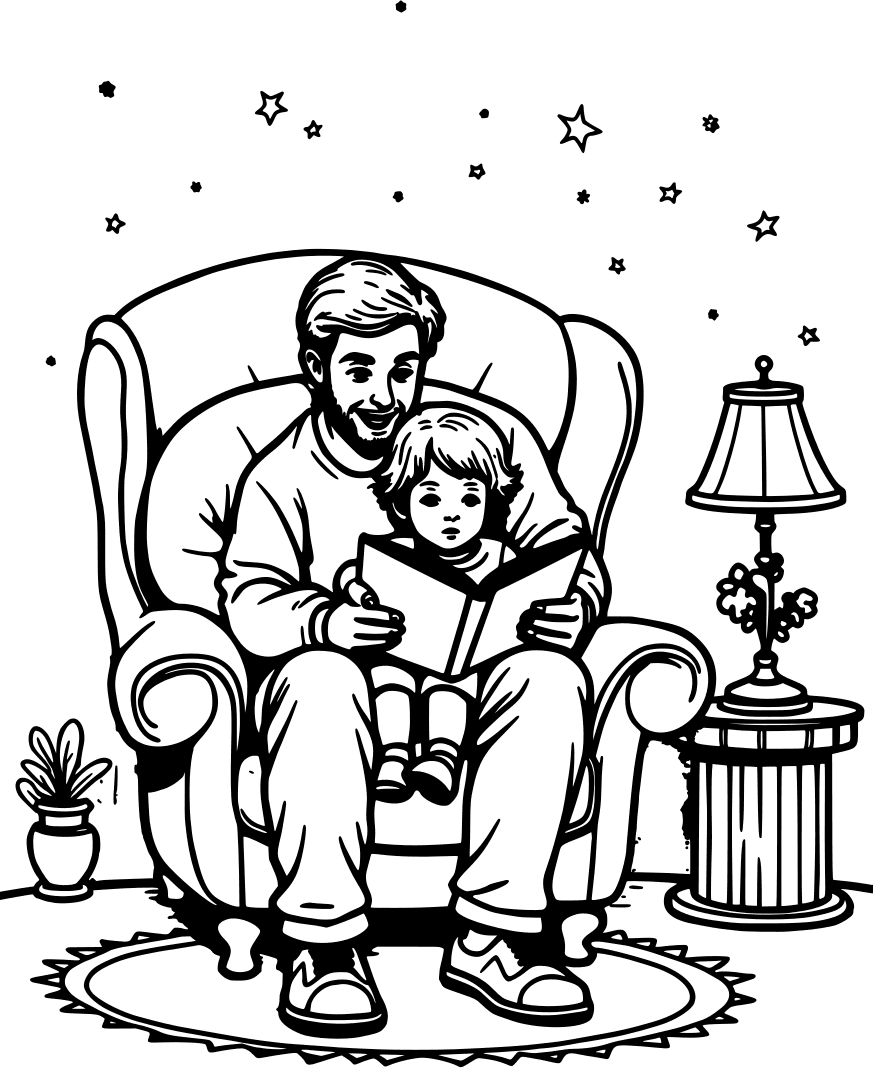 Dad reading a bedtime story in an armchair — free printable father's day coloring page