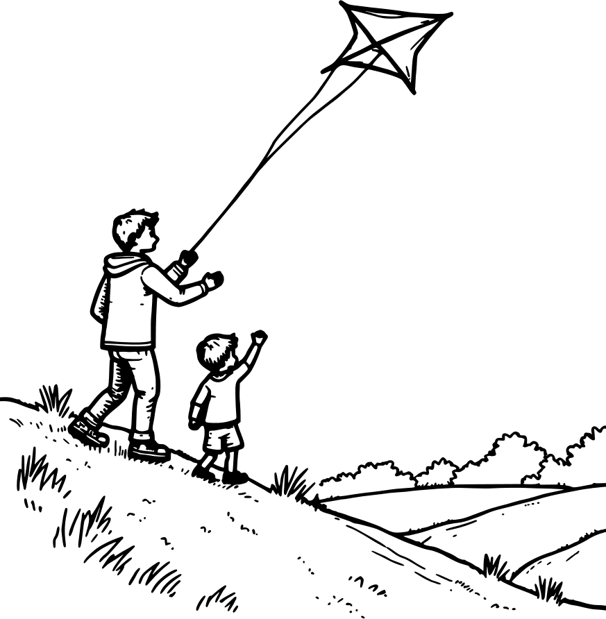 Flying a kite on a hill — free printable father's day coloring page