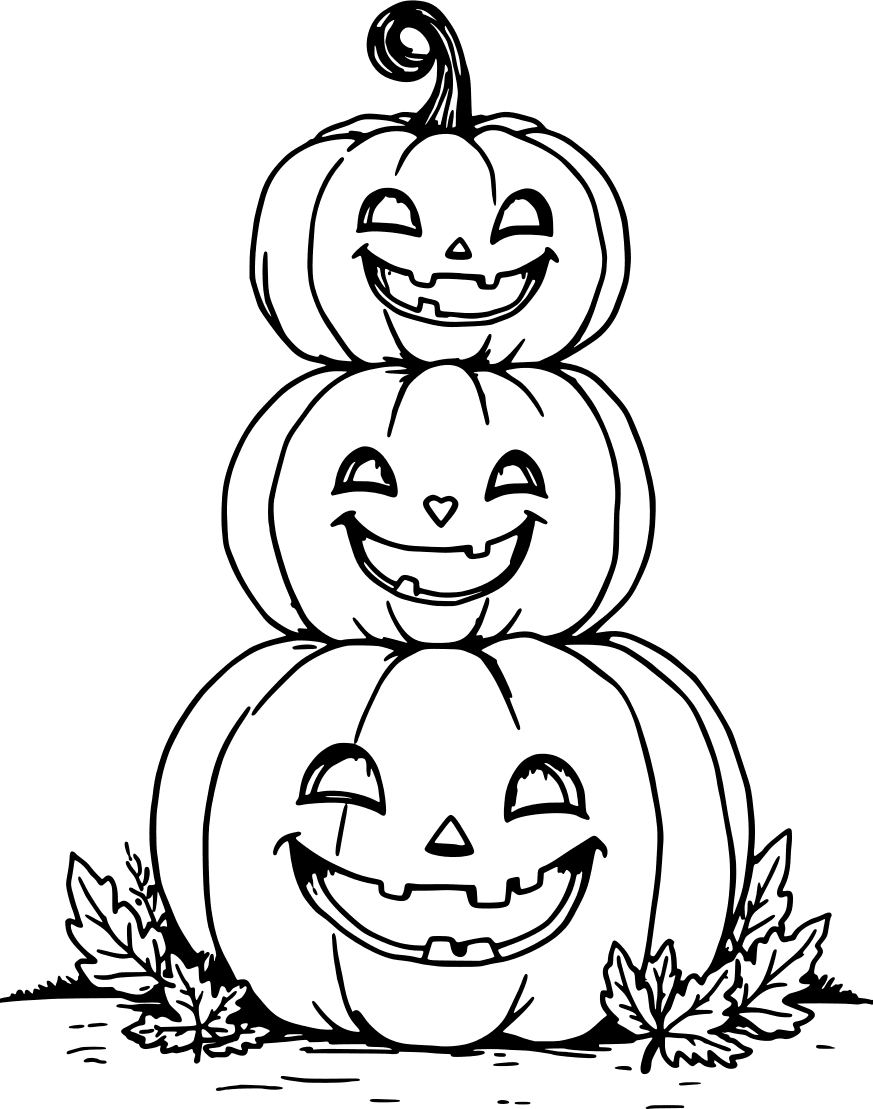 Three smiling jack-o'-lanterns stacked up, with fallen leaves — free printable halloween coloring page