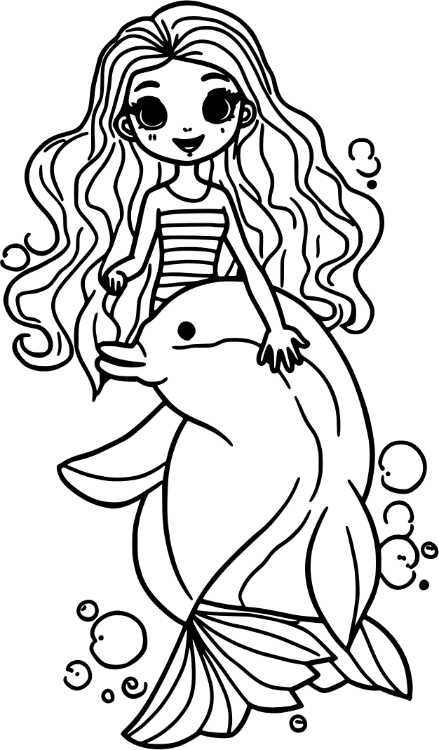Mermaid holding on to a dolphin — free printable mermaid coloring page