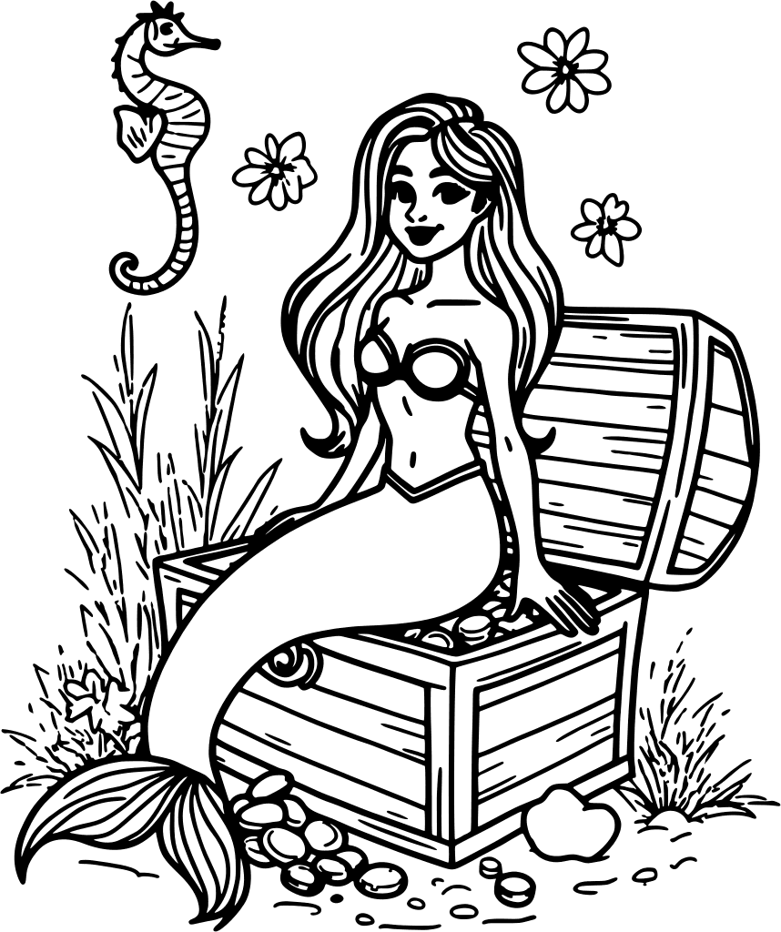 Mermaid on an open treasure chest, with a seahorse — free printable mermaid coloring page