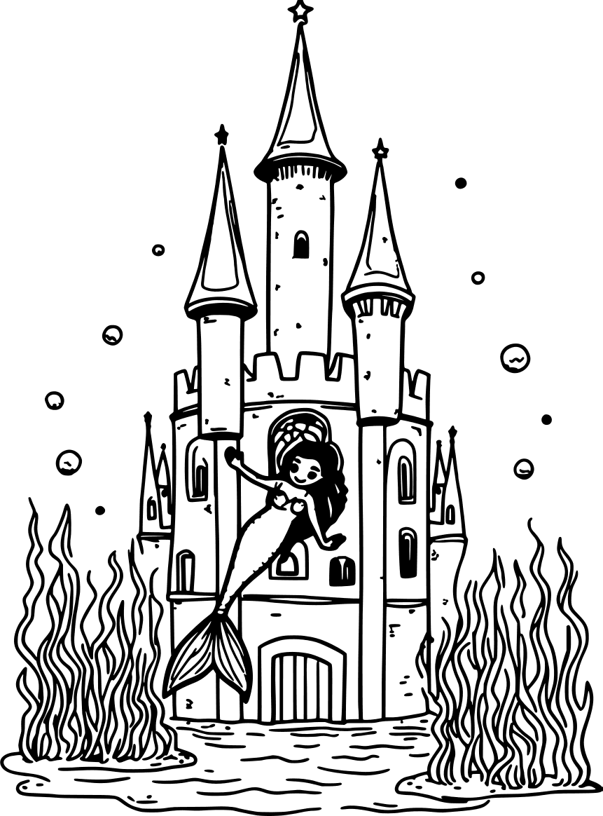 Mermaid at the window of an underwater castle — free printable mermaid coloring page