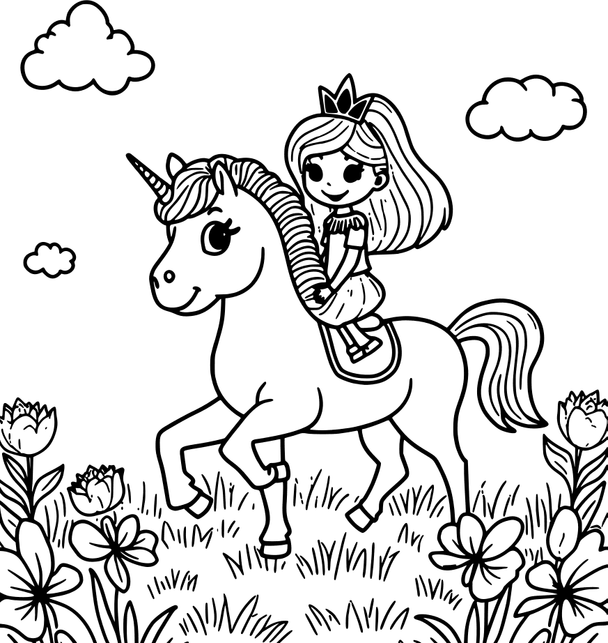Princess riding a unicorn through a meadow — free printable princess coloring page