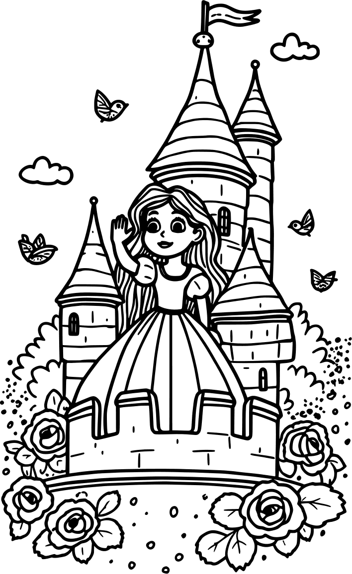 Princess waving from a castle balcony — free printable princess coloring page