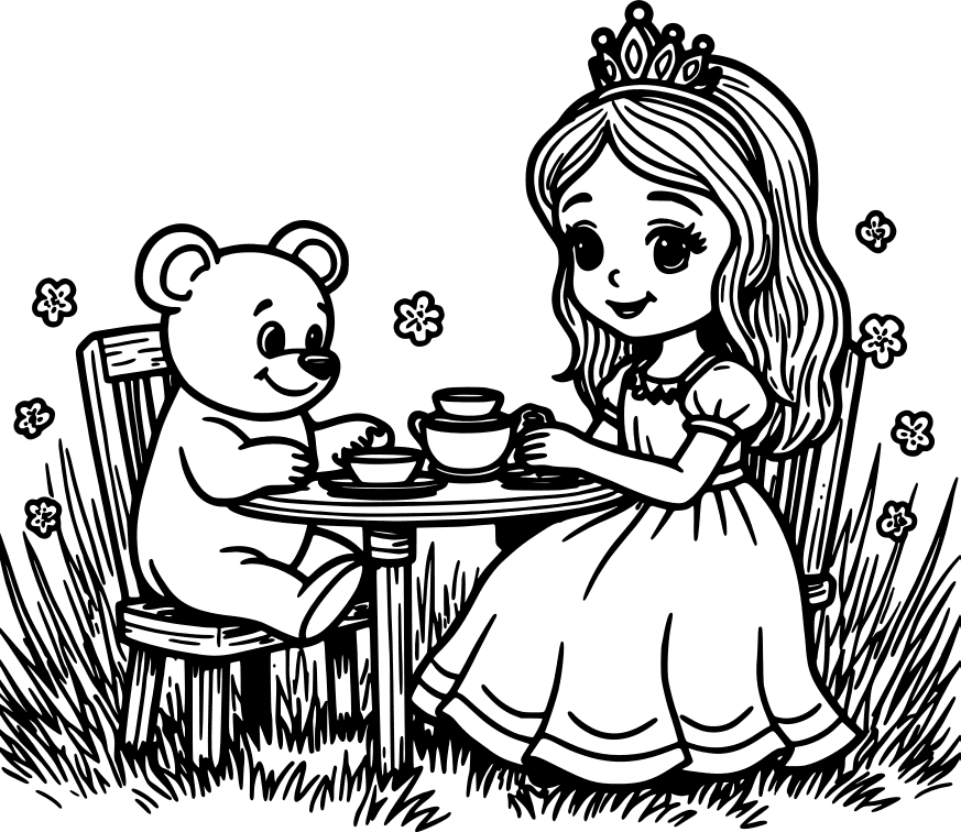 Tea party with a teddy bear — free printable princess coloring page