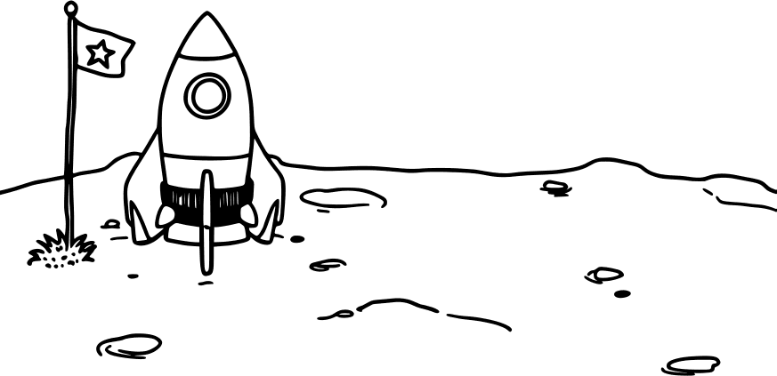 Rocket parked on the moon with a flag — free printable space coloring page