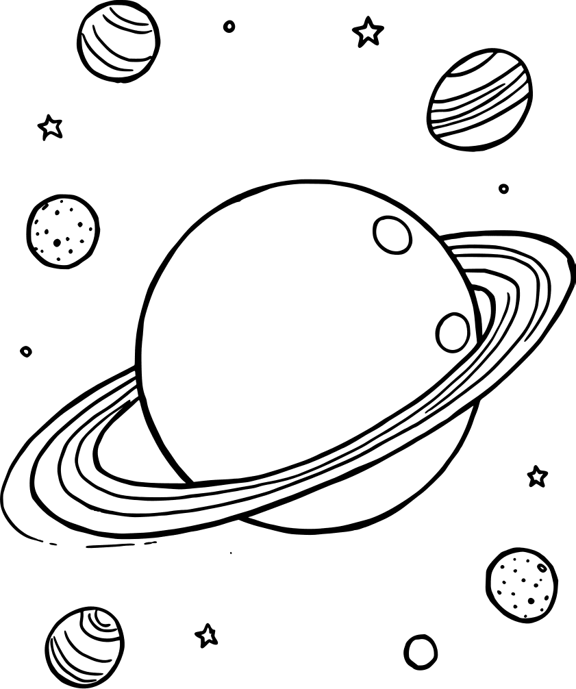 Ringed planet surrounded by smaller planets — free printable space coloring page
