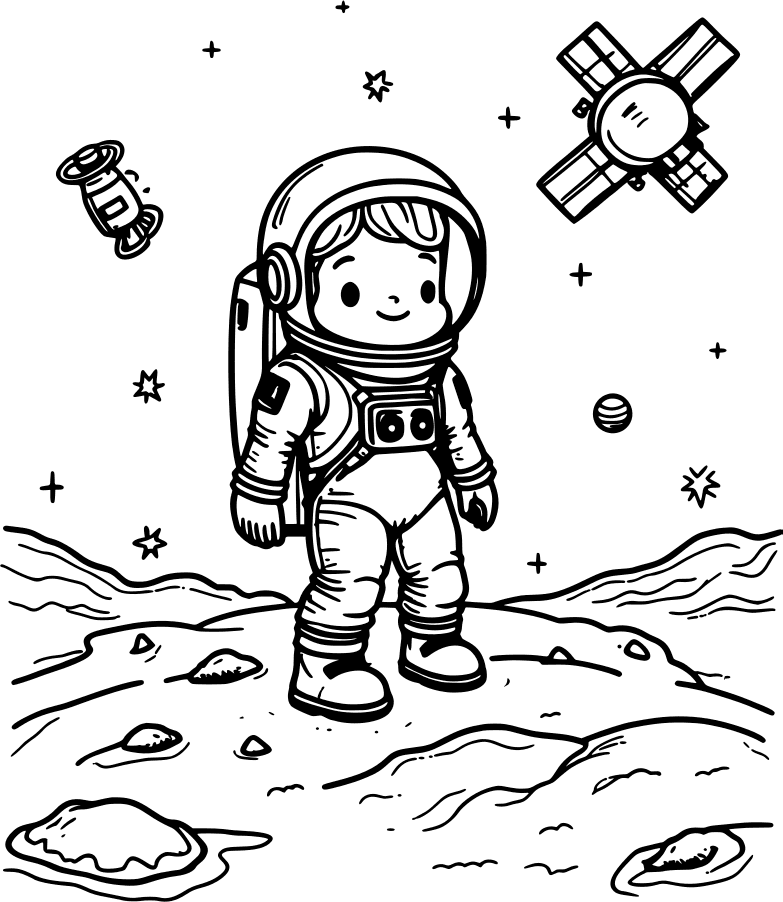 Astronaut on the moon with a satellite overhead — free printable space coloring page