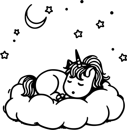 Baby unicorn asleep on a cloud, moon and stars — free printable unicorn coloring page