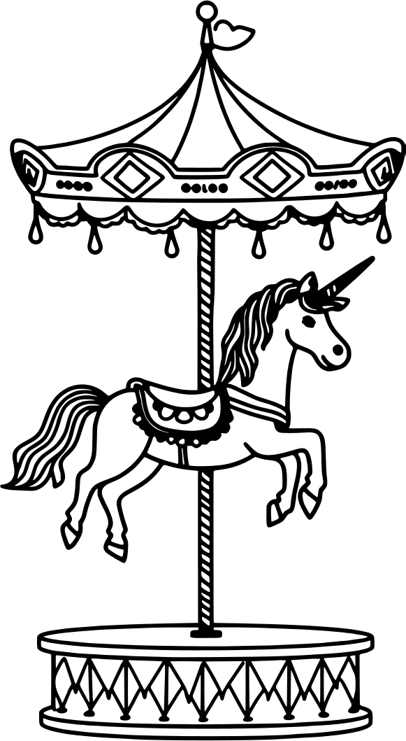 Carousel unicorn under a fairground canopy — free printable unicorn coloring page